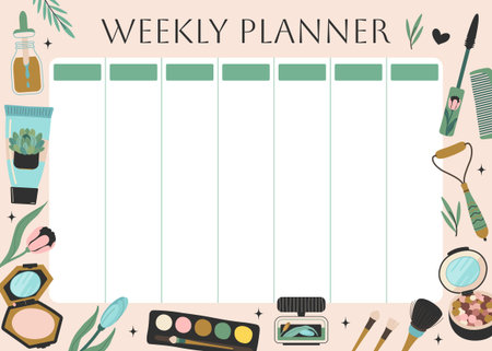 Weekly planner with fashion womens accessories. Beauty, makeup icons backgrounds. Body care productsのイラスト素材
