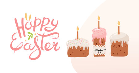 Spring Easter banner with cakes and candles. Hand lettering. Traditional religious sweet pastries.のイラスト素材