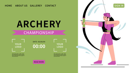 Archery championship web banner. Woman shoots bow. Background for sports standings. Woman athlete.のイラスト素材