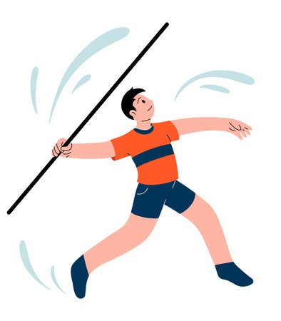 Javelin throw championship illustration. Athlete throwing javelin. Character for sports standings, web, postcard, mascot, sport school. Healthy lifestyle background. Vector flat illustration.のイラスト素材