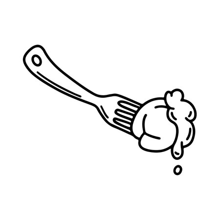 Dumpling on fork with sour cream. Pelmeni, Dough and meat products. Hand vector doodle illustration.のイラスト素材