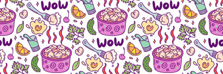 Meat dumplings color pattern. Dough and meat products background doodles. Pelmeni and sour cream.のイラスト素材