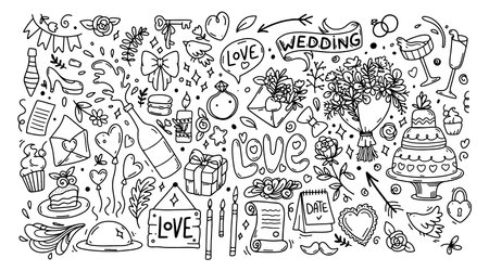 Wedding doodle illustration set. Hand drawn doodle Love and Feelings collection for invitation cardsのイラスト素材