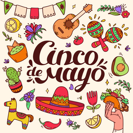 Cinco de Mayo celebration in Mexico icons set. Square color background. Banner and social media post for Mexican federal holiday Cinco de Mayo. Mexican heritage and culture. Doodle vector illustrationのイラスト素材