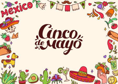 Cinco de mayo celebration background. Horizontal frame with Mexican culture elements. Mexican food, festive icons. Taco avocado chili, tequila, sombrero, scull, maracas. Vector doodle illustration.のイラスト素材