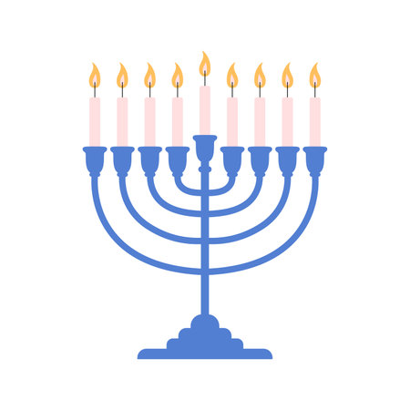 Menorah vector icon. Background for pesach Jewish holiday. Hanukkah menorah Jewish symbol isolated logo. Candles for celebration event. Greeting card with nine lit candles.. Vector flat illustration.のイラスト素材