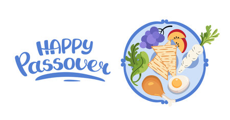 Happy Passover greeting web banner. Jewish celebration background. Seder plate, matzah, egg, salad. Hand drawn lettering. Horizontal Backdrop postcard, poster. Vector flat illustration.のイラスト素材