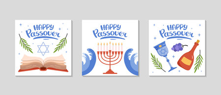 Passover greeting card set. Greeting post background for Social media. Festive square Invitation template set. Book, menorah, wine, torus. Jewish Easter celebration concept. Vector flat illustration.のイラスト素材