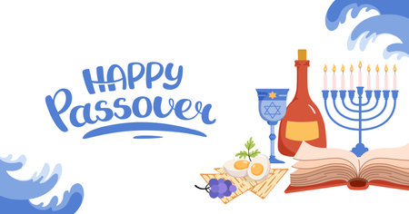 Happy Passover greeting web banner. Jewish celebration background. Seder plate, matzah, egg, salad. Hand drawn lettering. Horizontal Backdrop postcard, poster. Vector flat illustration.のイラスト素材