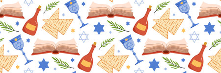 Happy Passover celebration seamless pattern. Jewish holiday Pesach background. Traditional icon matzah, wine, torus, Star of David, Elijahs Cup. For wallpaper, invitation. Vector flat illustration.のイラスト素材