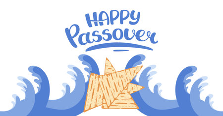 Happy Passover web banner. Jewish celebration background. Invitation with matzah, Waves of red sea. Hand drawn lettering. Horizontal Backdrop postcard, poster. Vector flat illustration.のイラスト素材