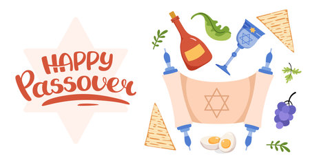 Happy Passover web banner. Jewish Invitation background. Tradition icons matzah, wine, torus, Elijahs Cup, egg. Hand drawn lettering. Horizontal Backdrop postcard, poster. Vector flat illustration.のイラスト素材