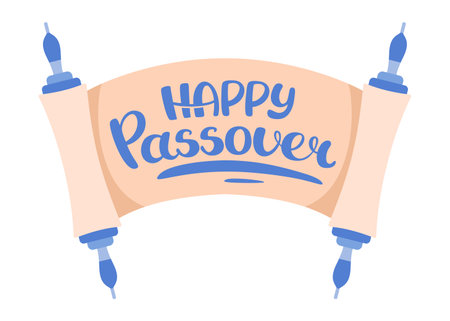 Happy Passover Hand drawn lettering on paper scroll. Jewish invitation background. Traditional elements for Pesach. Minimalistic greeting card. Vector flat illustration.のイラスト素材