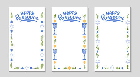 Happy Passover floral frame. For Social media long greeting stories. Background with lettering for invitation, visual design. Jewish vertical text templates for photos. Vector flat illustration.のイラスト素材