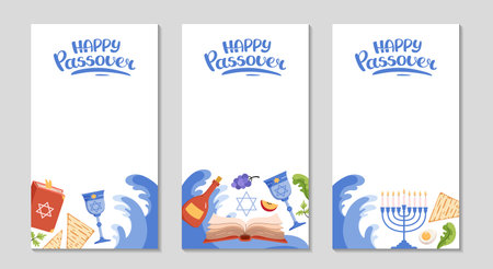 Happy Passover frame with traditional elements. Social media long greeting stories Background. lettering for invitation. Jewish vertical templates with menorah, matzah, torus. Vector flat illustrationのイラスト素材