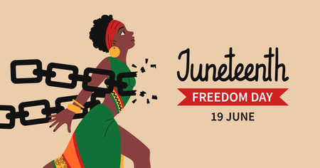 Juneteenth freedom day web banner. African-American Independence Day Background. Woman in ethnic clothes breaks chains. Holiday template for card, poster with lettering. Vector flat illustration.のイラスト素材