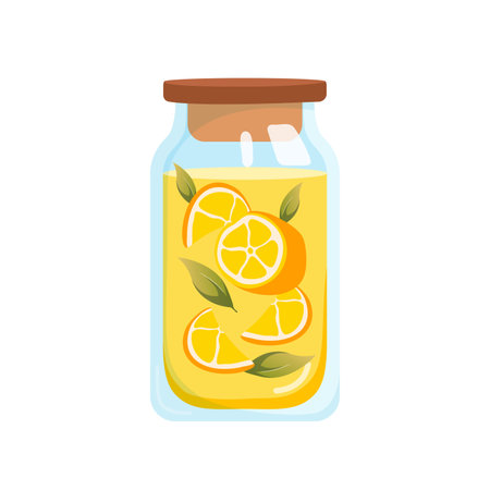 Summer Lemonade with lemons and leaves. Glass jar with stopper. Showcasing the natural foods and ingredients like citrus fruits. Fresh lemons juice, tasty beverage. Vector flat illustration.のイラスト素材