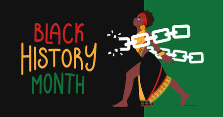 Black history month banner. African-American Independence Day Background. Woman in ethnic clothes breaks chains. Holiday template for card, poster with lettering. Vector flat illustration.のイラスト素材