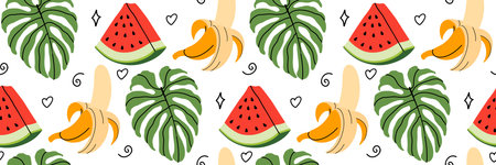 Summer tropical seamless pattern. Watermelon, banana and palm leaf. Background with tropical flora...