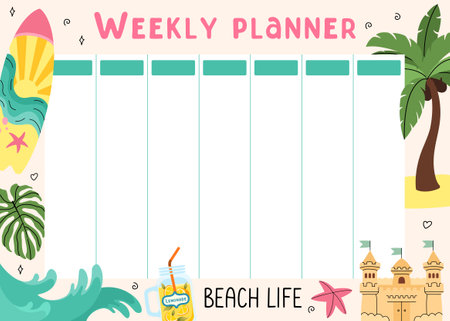 Weekly summer planner. Planning of summer leisure, recreation on beach. Beach background for notes.のイラスト素材