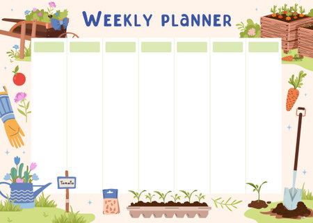 Summer and spring garden weekly planner. Crop planning, to-do list for day. Agriculture vector.のイラスト素材
