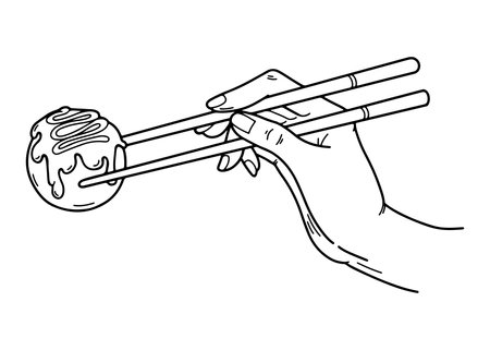 Takoyaki doodle element. Japan street food hand drawn icon. Hand with chopsticks hashi.のイラスト素材