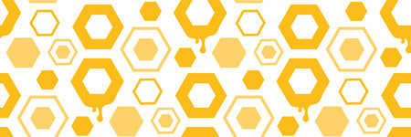 Honeycomb with bee seamless pattern. Mosaic geometric hexagon cells yellow fresh drops of honey flow