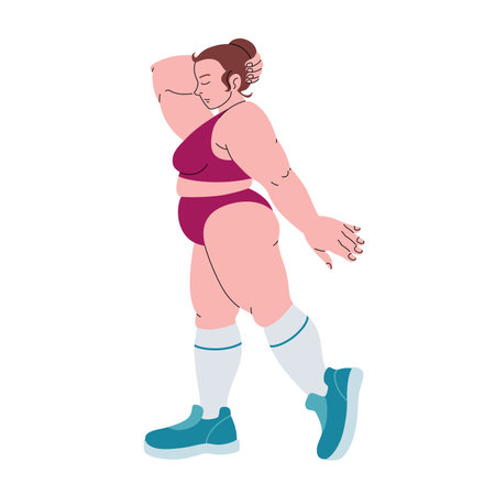 Women plus size. Female character in pink sport outfit working out. Body positive.のイラスト素材