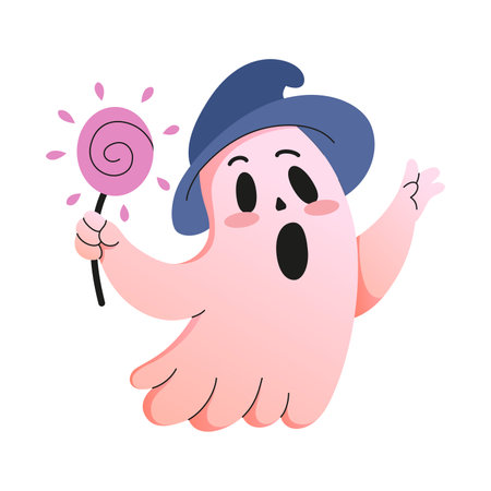 Cute ghost in witch hat with lollipop. Cartoon poltergeist funny death face. Halloween characterのイラスト素材