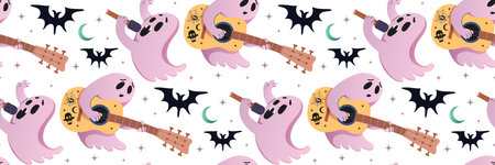 Spooky Halloween ghost singer seamless pattern. Cute pink musical poltergeist with guitar.のイラスト素材