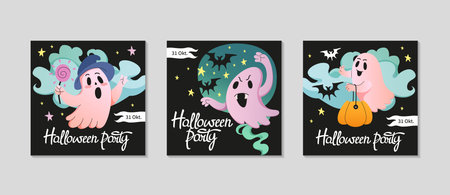 Halloween ghost celebration cards set. Greeting square post background for Social media.のイラスト素材