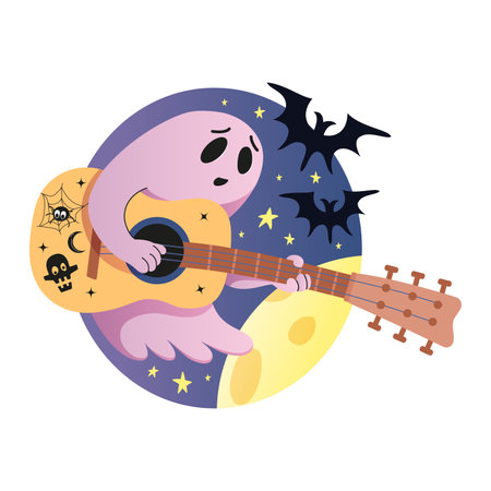 Ghost with guitar, night sky and moon. Halloween cartoon vector illustration. Trick or treat.のイラスト素材