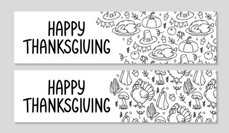Thanksgiving Billboard set. Horizontal invitation background. Cozy Autumn doodle pattern.のイラスト素材