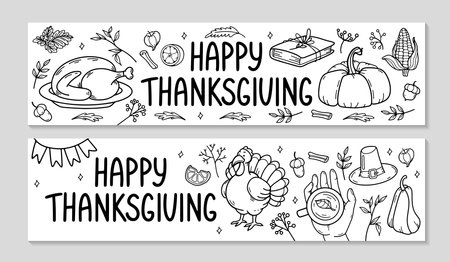 Thanksgiving Billboard set. Horizontal invitation background. Cozy Autumn doodle elements.のイラスト素材