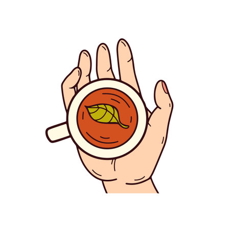 Tea in hand doodle color illustration. Cozy tea ceremony icon. Hot drink, leaves. Autumn element.のイラスト素材