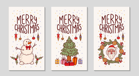 Merry Christmas cards set. Cheerful snowman, fir tree with gifts and Christmas wreath, Santa. Collection of Festive vertical winter backgrounds. Hand drawn Vector doodle color illustration, lettering.のイラスト素材