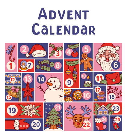 Christmas advent calendar. Countdown to Christmas with numbers. Doodle winter stickers.のイラスト素材
