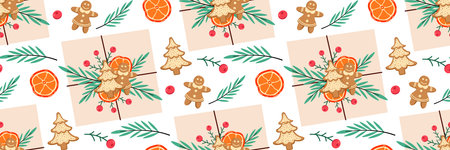 Christmas seamless Pattern. Gift in craft paper Decorated with orange slices, ginger cookies, berry.のイラスト素材
