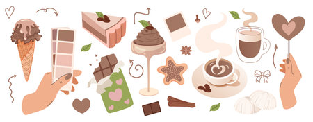 Mocha flavored desserts set. Chocolate mousse, cappuccino, cake. Hand holds palette of colors.のイラスト素材
