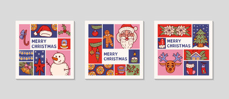 Christmas social media Cards template set. Collection of Festive square winter backgrounds.