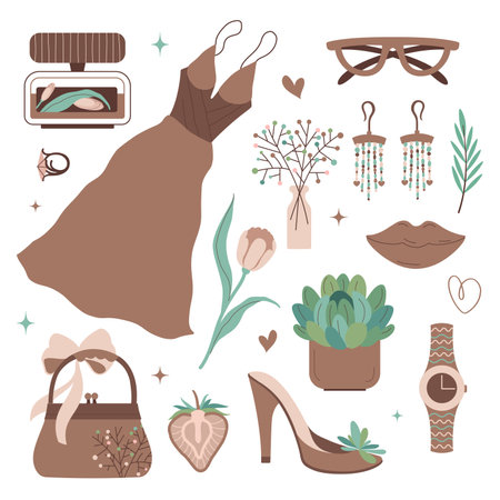 Fashion woman elements set. Dress and accessories. Elegance Fashion concept. Mocha Mousse colorsのイラスト素材