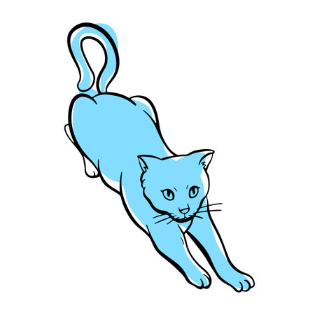 Funny cat is stretches his paws forward. Free hand Fat cute domestic pet illustration.のイラスト素材