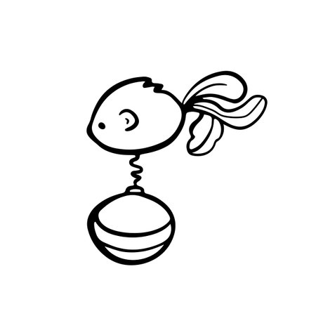 Cat toy mouse with spring on ball. Hand drawn pet accessory. Sketch style Illustration of Pets, cats. Sketch style Illustration for Pet shops, logo, postcards. Funny Crooked doodle vector icon.のイラスト素材