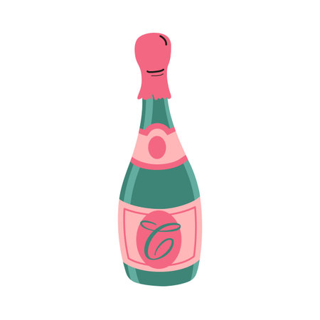 Festive bottle of champagne with pink label. Happy New Year, Valentines Day and birthday. Square Background. Vector flat illustration. For printing, menus, packages and products.のイラスト素材