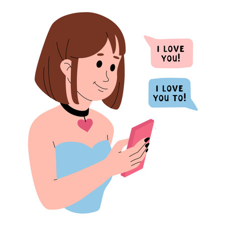 Girl sends the message I love you. Declaration of love by phone. Teenage modern relationships. Happy Valentines Day Greetings. February 14 celebration card. Vector flat illustration.のイラスト素材