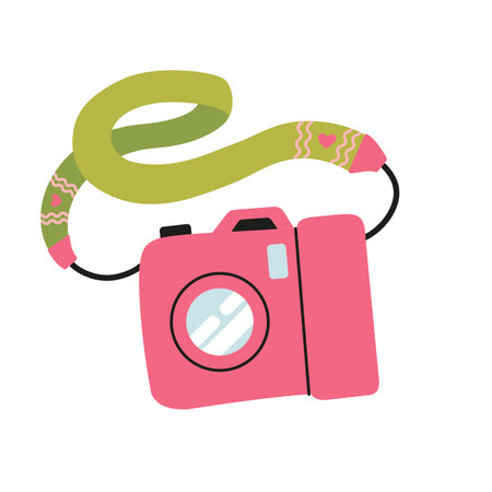 Pink camera. For shared keepsake photos, travel. Fashion accessory. Birthday or valentines day gift. Capture moments of life and love. Square Background. Vector flat illustration.のイラスト素材
