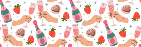 Happy Valentines Day Greeting pattern. Two hands clink glasses of champagne. Strawberries and heart-shaped chocolates candy. Romantic pink background. For packaging, wallpaper. Vector illustration.のイラスト素材