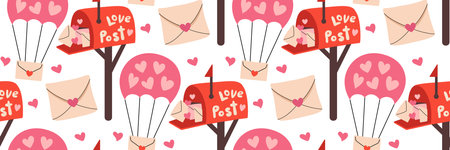 Valentines day seamless pattern. Red mailbox with love letters and hearts. Love mail by parachute, confession of love. February 14 celebration. Romantic pink Background. Vector flat illustration.のイラスト素材