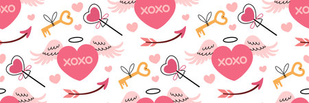 Valentines Day festive pattern. Pink heart with angel wings. Cute flying arrow symbol Cupid, key and lollypop. Pink romantic Background. Hugs and kisses abbreviated text. Vector flat illustration.のイラスト素材