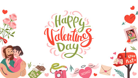 Happy Valentines Day banner. Horizontal invitation background. Cute frame with romantic elements. Hand lettering, mailbox, an envelope, couple, chocolate, flowers and heart. Vector flat illustration.のイラスト素材